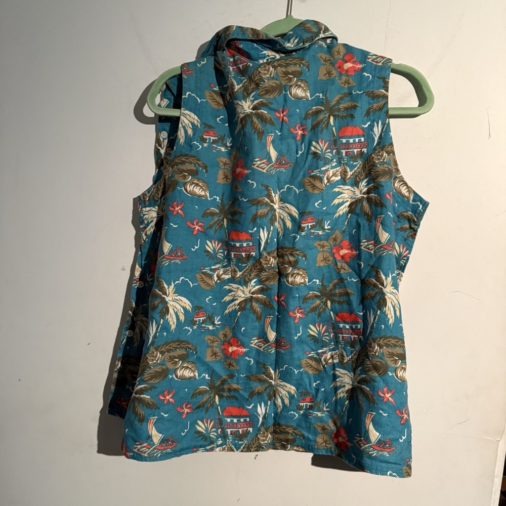 Vtg Eddie Bauer XL Linen Button Down Tank Hawaiian Alpha Resort Tropical - Picture 5 of 5
